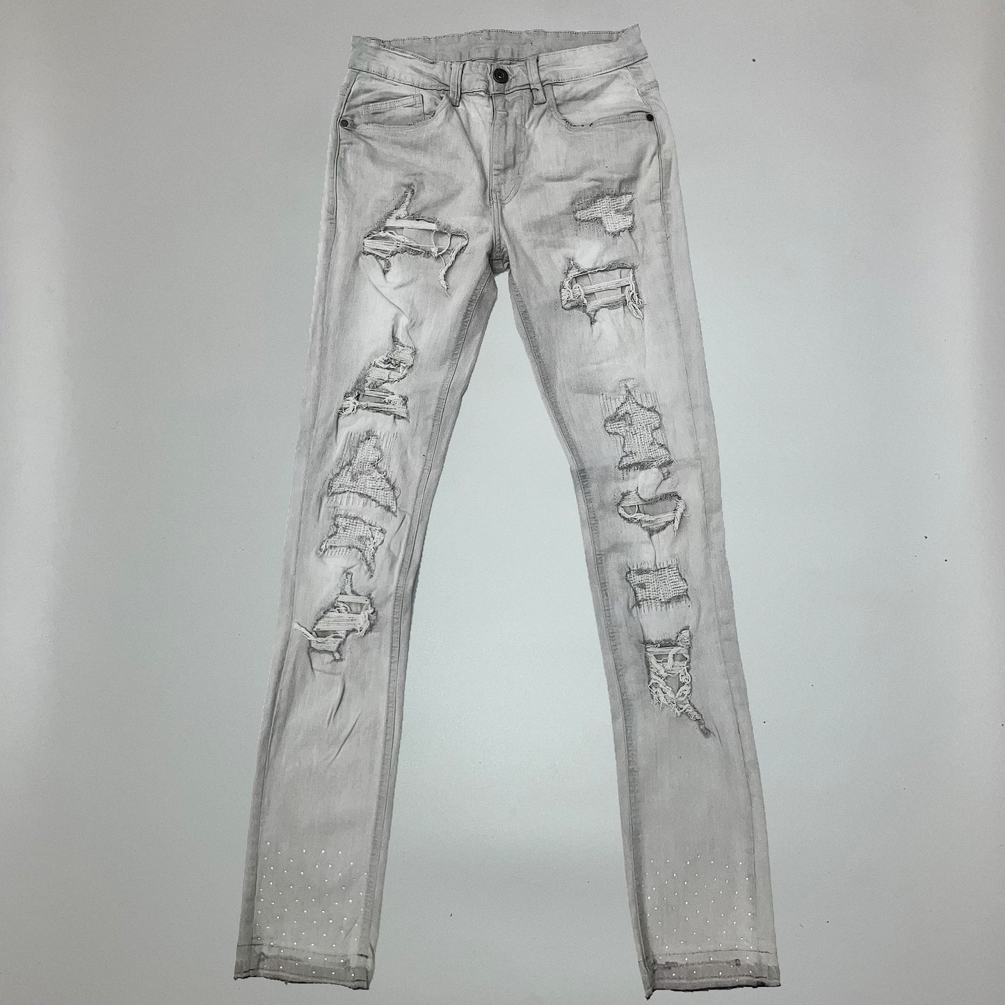 Rip & Repair Stacked Jeans W/ Rhinestone Hem