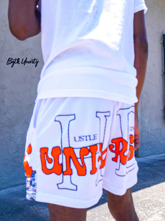 "Hustle District" Mesh Shorts - White/Orange - Bag Talk University